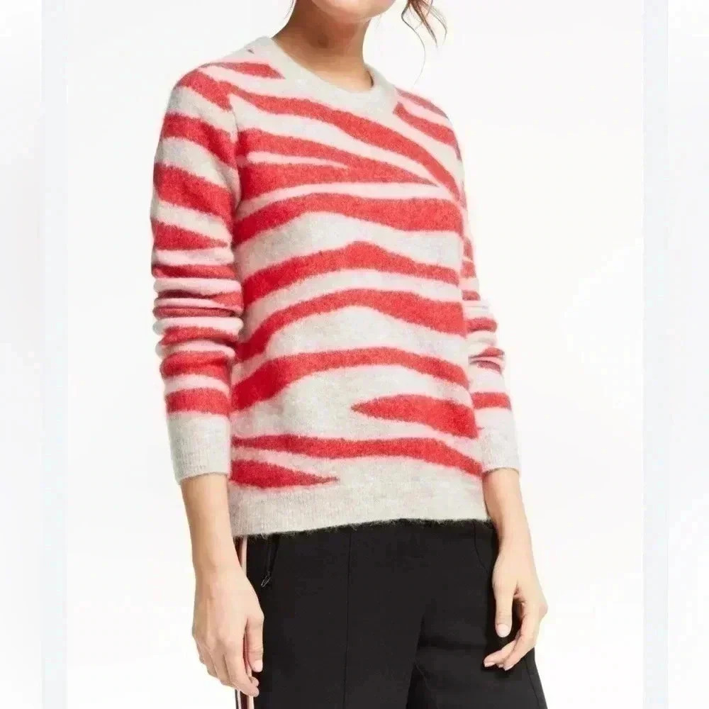 ❤️2/$60❤️Club Monaco Women Mohair Zebra Stripe Tan Red Pullover Crew Sweater XS